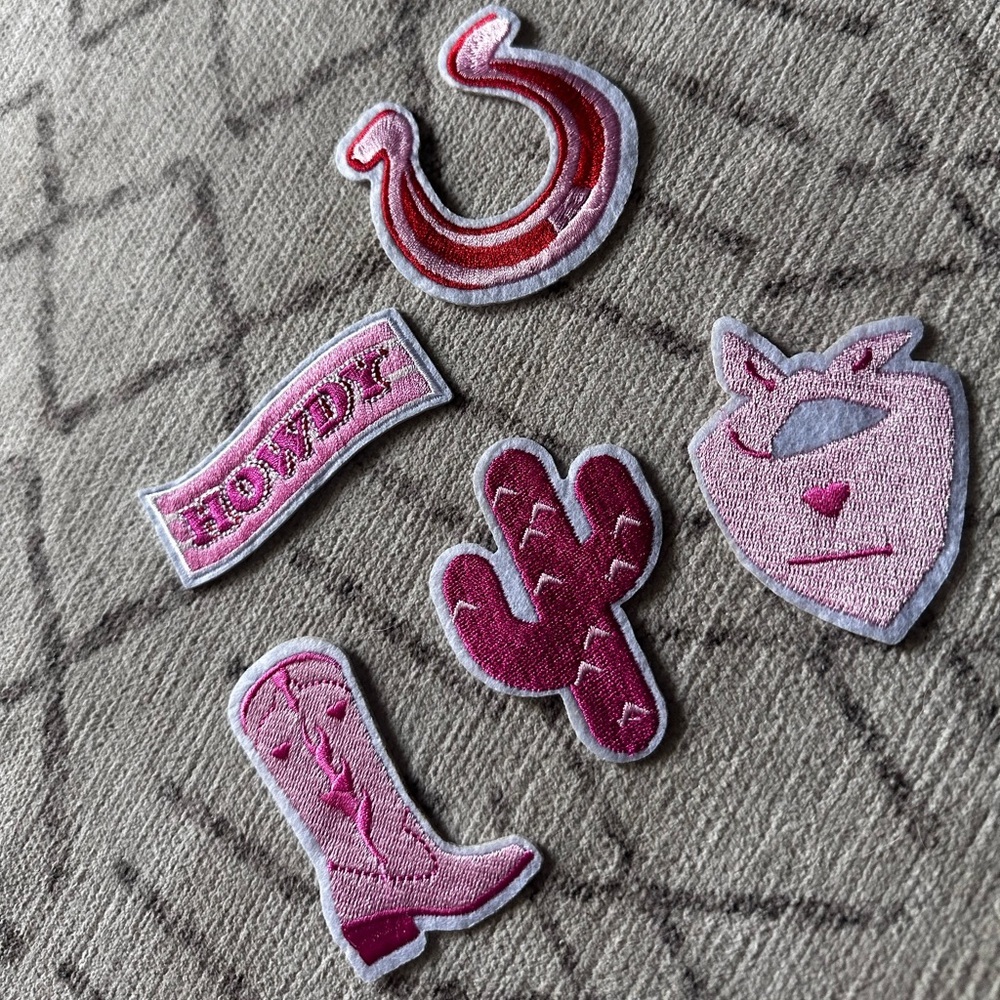 iron on patches‎ pink western set of 5